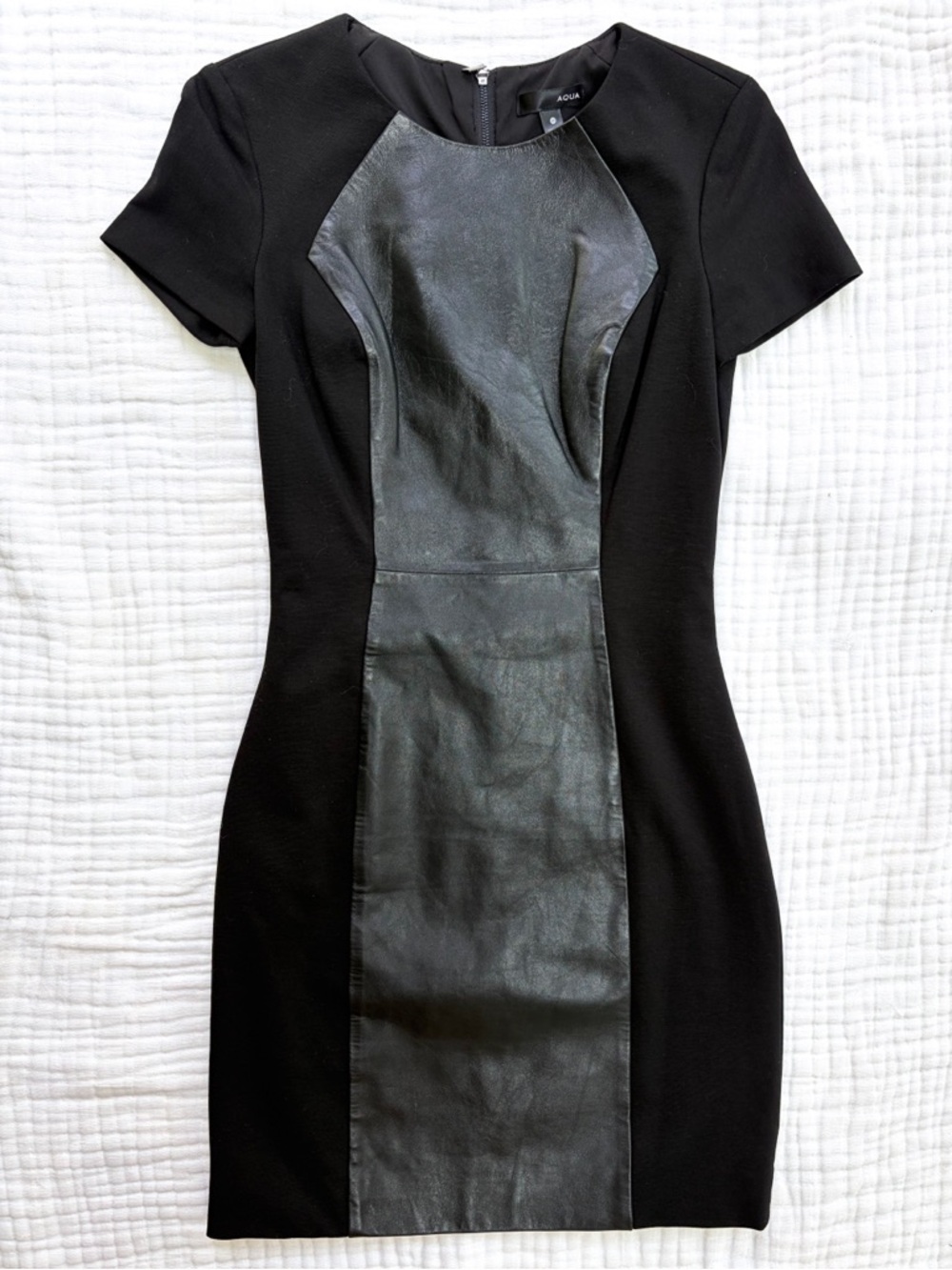 AQUA Leather Panel Dress XS Black Bodycon Mini Mixed Media Sheath